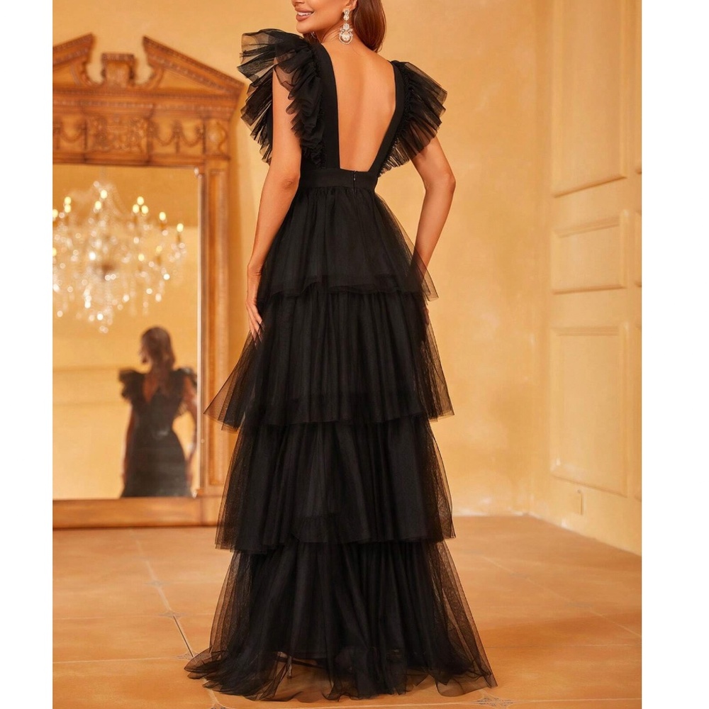 Luxe Black Plunging Neck Ruffle Sleeve Evening Party Formal Dress - Picture 2 of 6